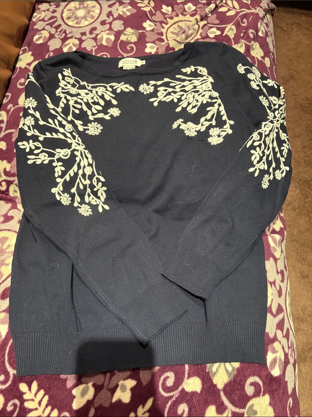 Molly Bracken Navy Crewneck Sweater with Cream Botanical Embroidery